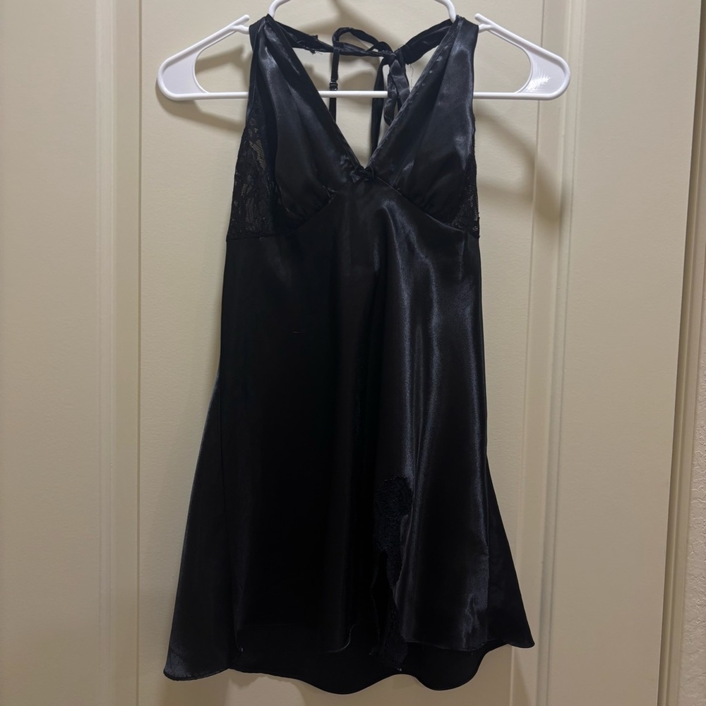 Fredrick’s of Hollywood black satin & lace mini slip dress- Medium